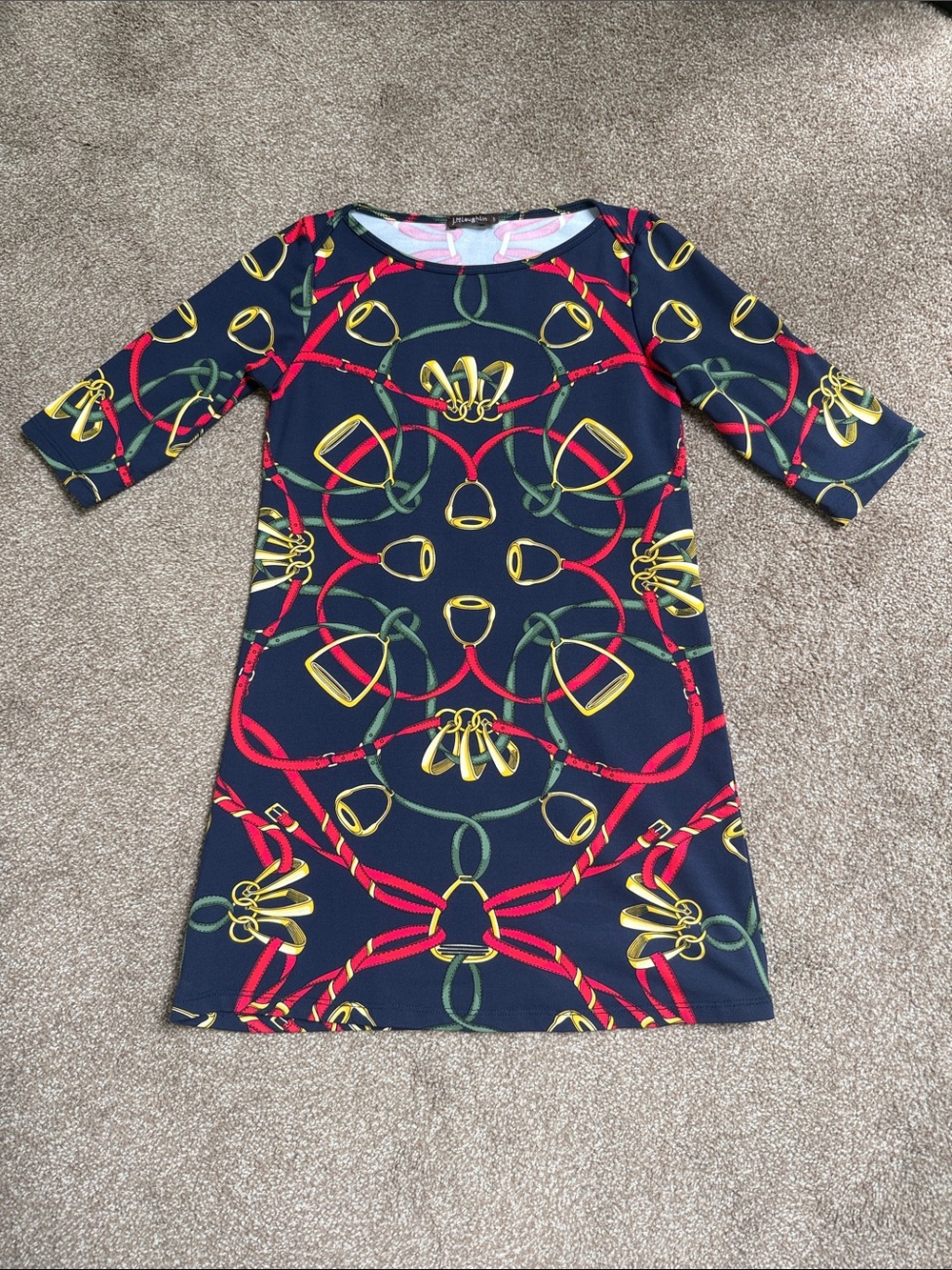 J. McLaughlin Navy Shift Dress with Red, Green & Gold Print